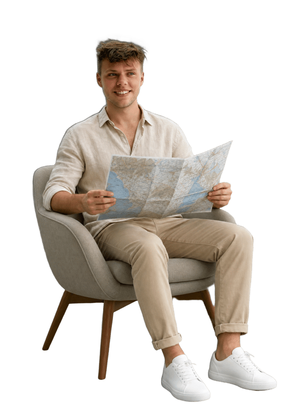 Cestovatel s mapou, klidně plánuje cestu sám